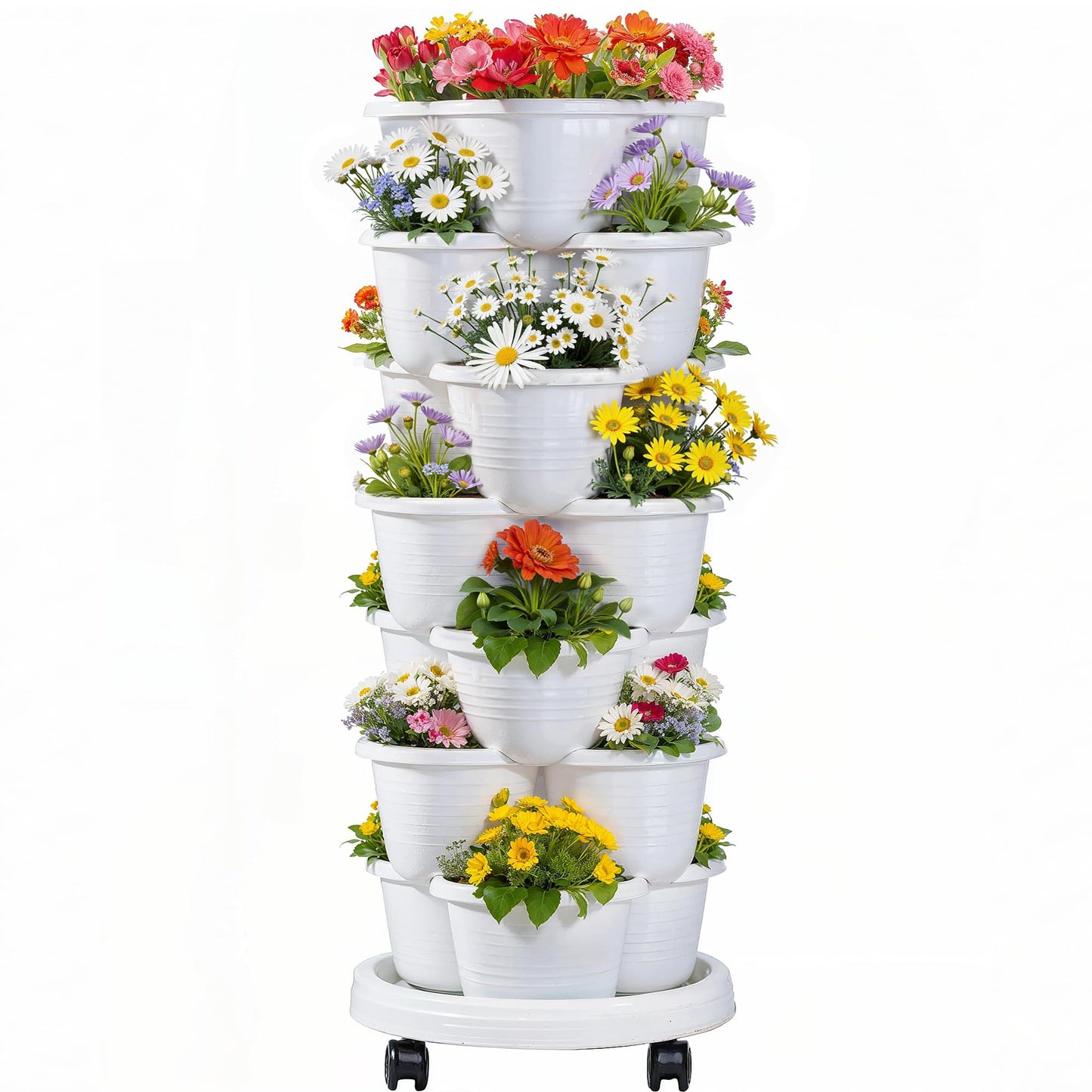 VECELO 7 Tier Vertical Garden Planter, Self Watering Stackable Planters with Wheels for Strawberries, Herbs, Flowers, Vegetables, White