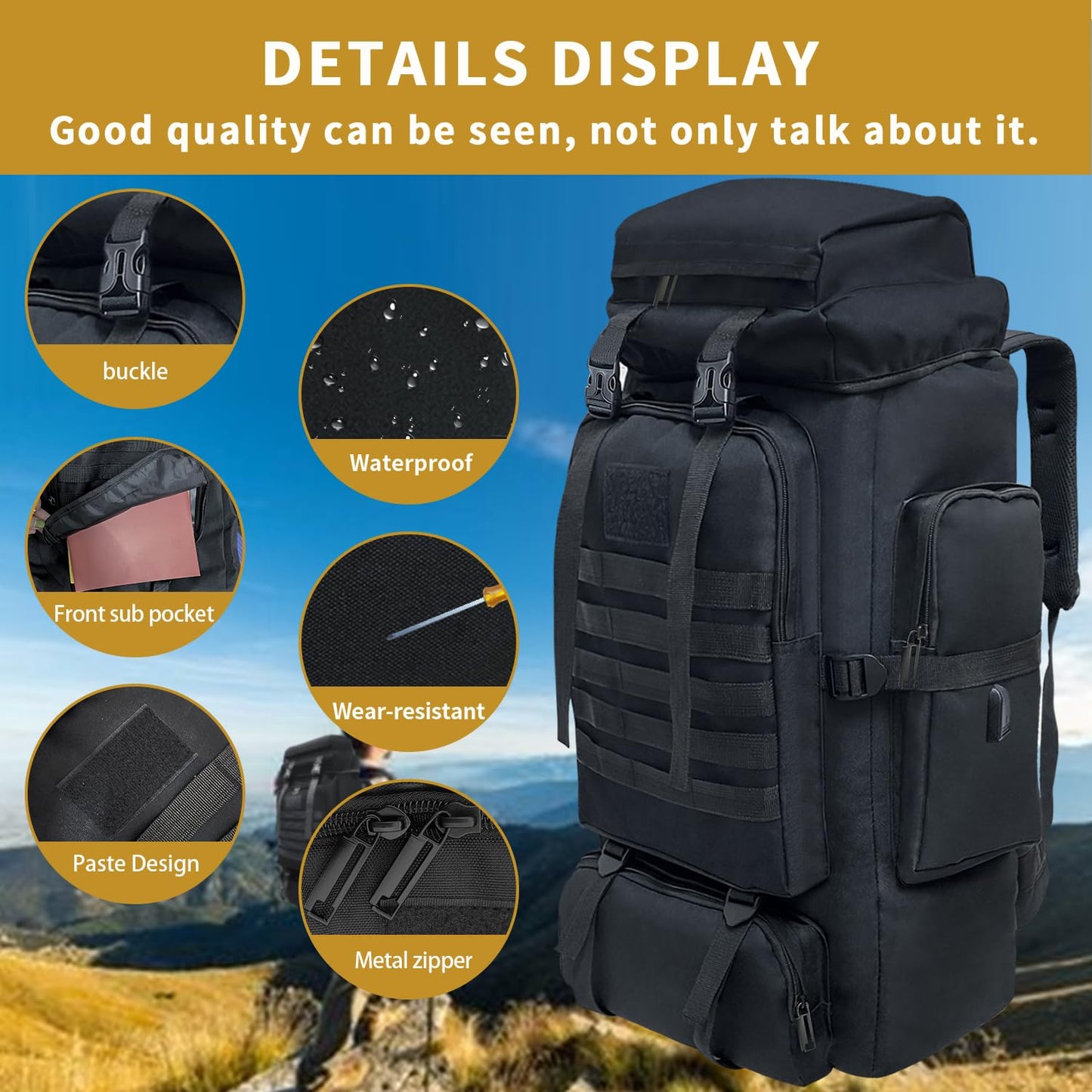 Vaupan Hiking Backpack, 80L Camping Military Tactical Backpack with USB Charging Port, Waterproof Large Travel Daypack Outdoor Molle Rucksack for Men Women (Black)