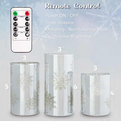 GORGE MOMENT Flameless Candles with Remote, Christmas Holiday LED Flickering Candles, Snowflake Candle Glass, Battery Operated, Xmas Gift Decorations Bathroom Home Party Decor [x3]
