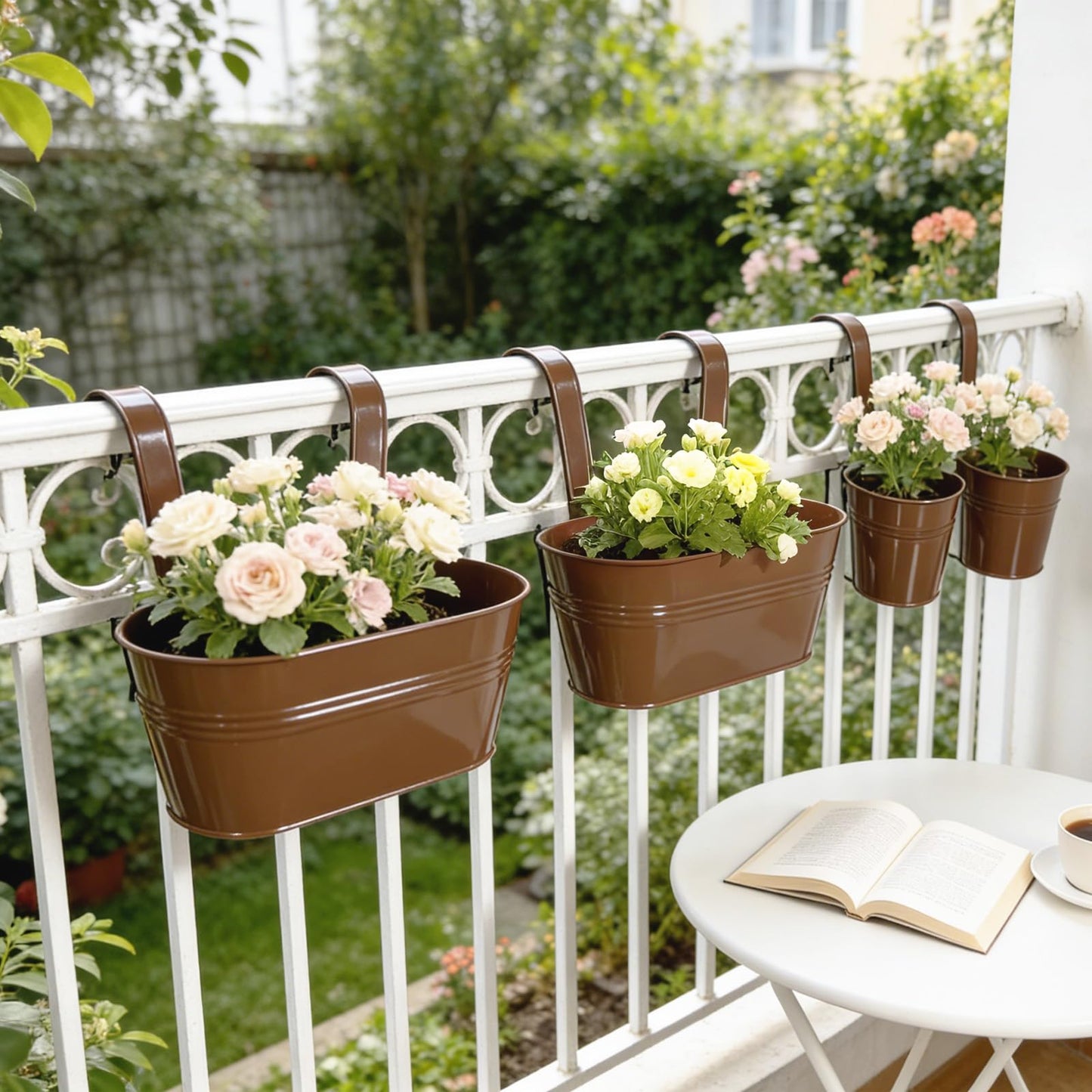 Joyfernal Pack of 4 Metal Hanging Planters for Outdoor Plants, 2 Pcs 4" Round Railing Planter & 2 Pcs 10" Oval Fence Flower Pots for Balcony Garden Decor, Chocolate