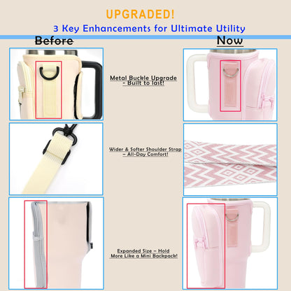 Water Bottle Holder with Strap for Stanley Cup 40 oz Tumbler with Handle, Super Large Capacity Pocket, Water Bottle Carrier Bag with Phone Pocket for Stanley Cup Accessories (Pink)