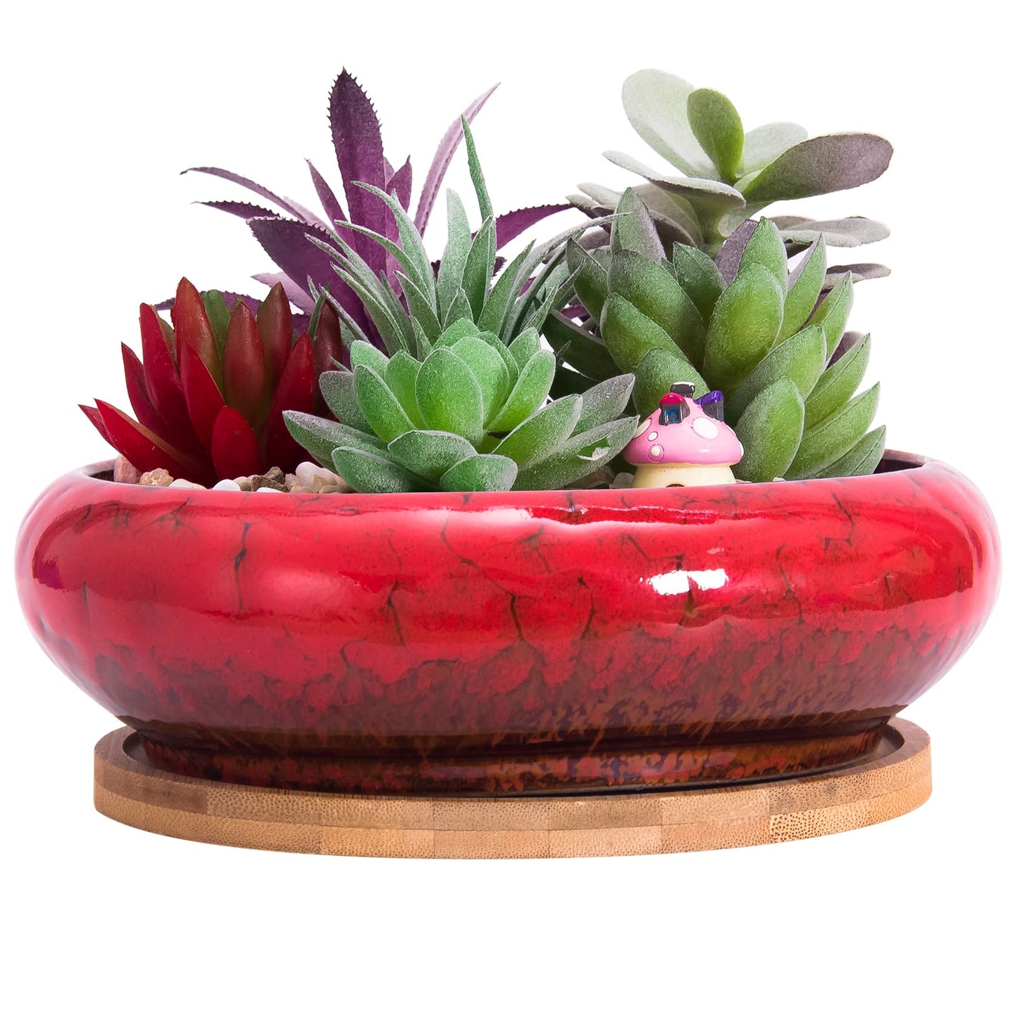 ARTKETTY Succulent Pots - 7.3 Inch Large Succulent Planters with Drainage Ceramic Bonsai Pots with Bamboo Tray, Shallow Planters for Indoor Cactus Plants Decorative Flower Plant Container
