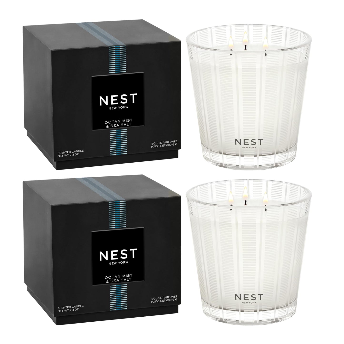 NEST New York Scented 3-Wick Candle, Ocean Mist & Sea Salt - 21.2 oz, Pack of 2 - Up to 100-Hour Burn Time - Reusable Glass Vessel