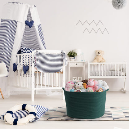 Maliton Woven Rope Basket for Blankets, Extra Large Storage, Green Laundry Hamper, Baby and Pet Toy Storage, Big Towel Basket, 22" x 22" x 14" Blanket Holder, Cotton Rope Bin
