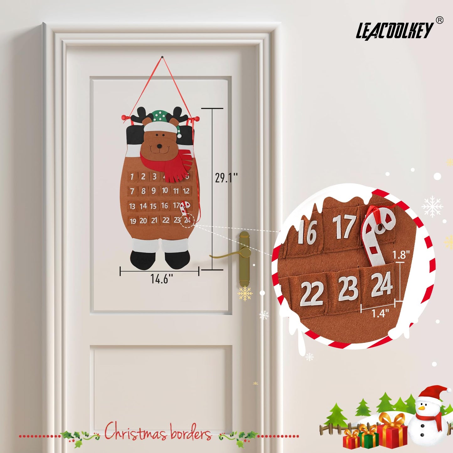 Christmas DIY Advent Calendar Felt Advent Calendar with Pockets Hanging Reusable Countdown Calendar for Kids Christmas Decorations Gifts (Brown elk)