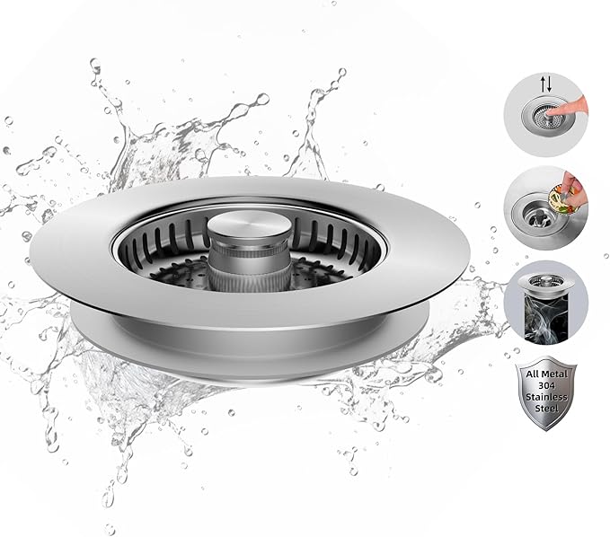 Hibbent All Metal Stainless Steel 3 in 1 Kitchen Sink Drain Strainer, Upgraded