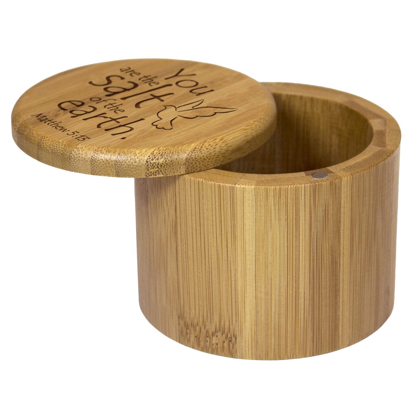 Totally Bamboo Salt Cellar Bamboo Storage Box with Magnetic Swivel Lid, 6 Ounce Capacity, You are the Salt of the Earth Matthew 5:13 Engraved on Lid