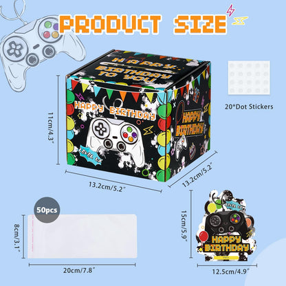 WERNNSAI Birthday Money Box - Video Game Party Decorations Money Gift Boxes for Cash Birthday Pull Box Gaming Theme Surprise Gift with 50 PCS Transparent Bags