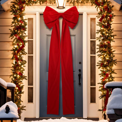 Knitgrip 1 Pack Extra Large Christmas Front Door Bow Decorations 27 x 78 Inch Red Giant Velvet Christmas Tree Topper Bow with Long Streamers Wreath Wall Decor for Home Xmas Room Holiday Porch