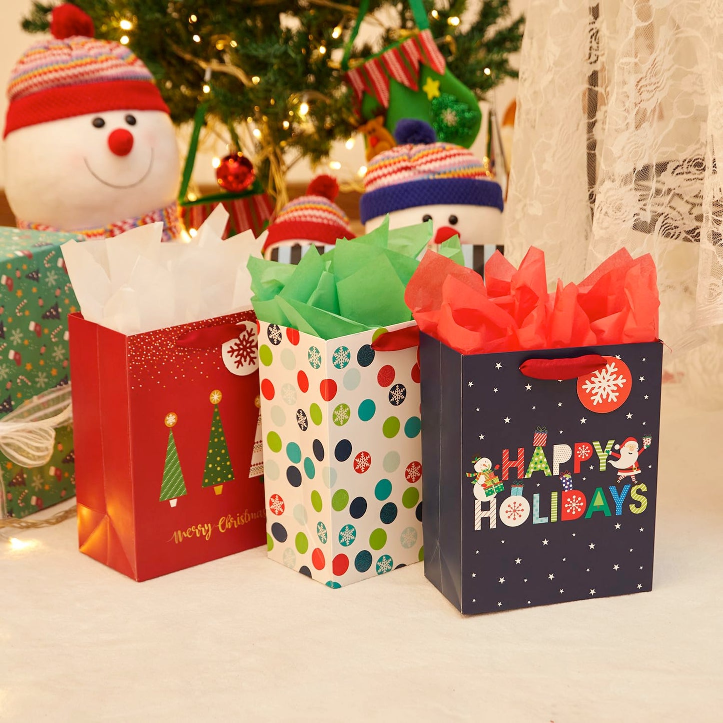 SUNCOLOR Small Christmas Gift Bags with Tissue Paper, 6 Pack Holiday Theme Bags in 3 Festive Designs, 7x9x4 Inches, Red Navy White with 12 Sheets Tissue Paper