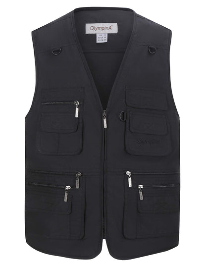 Gihuo Men's Fishing Vest Utility Safari Travel Vest with Pockets Outdoor Work Photo Cargo Fly Summer Vest (Black, X-Large)