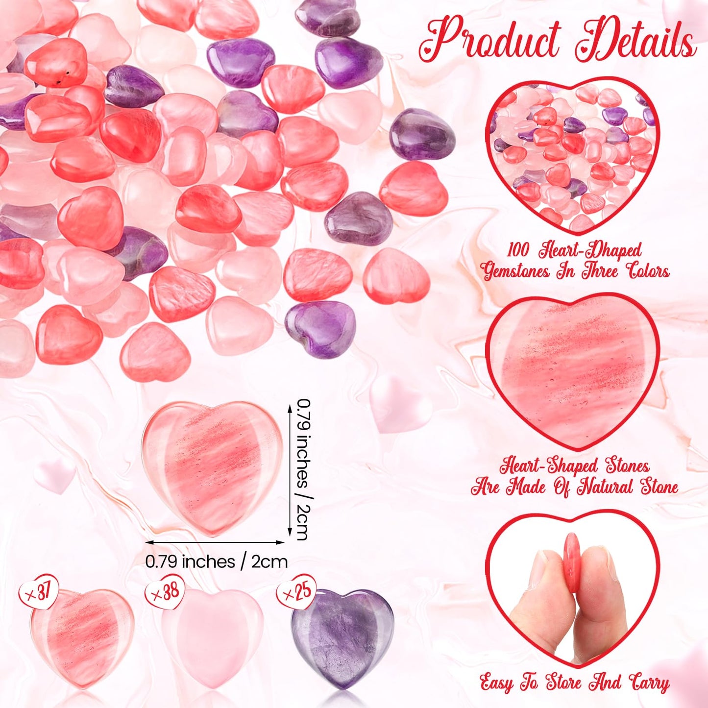 Soulchen 100 Pcs Valentine's Day Heart Healing Stone Bulk Inspirational Worry Love 0.8 Inch Quartz Heart Inspirational Stones Gift for Women Valentines Gift Natural Energy Balancing Meditation