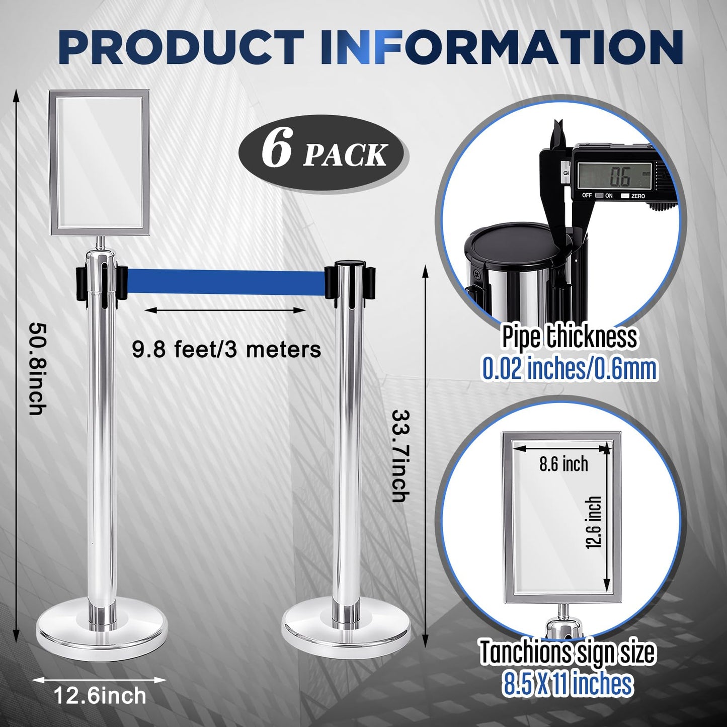 Zonon 6 Pack Crowd Control Stanchion Set with 9.8 FT Retractable Belt and 1 Sign Holder Crowd Control Barrier - Easy Connect Assembly(Silver and Blue)