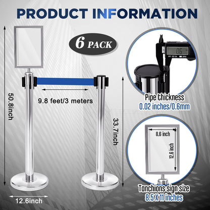 Zonon 6 Pack Crowd Control Stanchion Set with 9.8 FT Retractable Belt and 1 Sign Holder Crowd Control Barrier - Easy Connect Assembly(Silver and Blue)