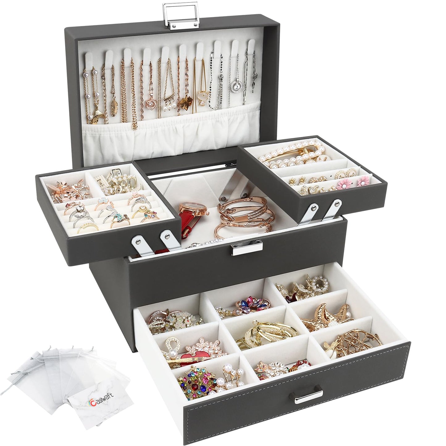 Jewellery Box Organiser, 3 Layer PU Leather Jewellery Case, Large Jewellery Organiser with Drawer, Jewellery Storage Case for Necklaces Earrings Bracelets and Rings, Grey