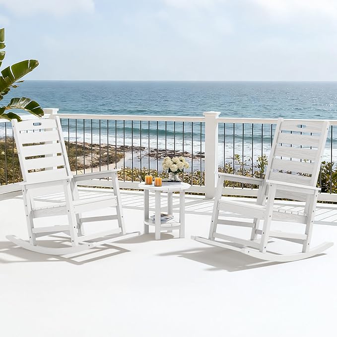 SERWALL Outdoor Rocking Chair Set of 4, Oversized HDPE Patio Rocking Chair with Footrest for Adults, All Weather Porch Rocker for Deck Patio Balcony, White