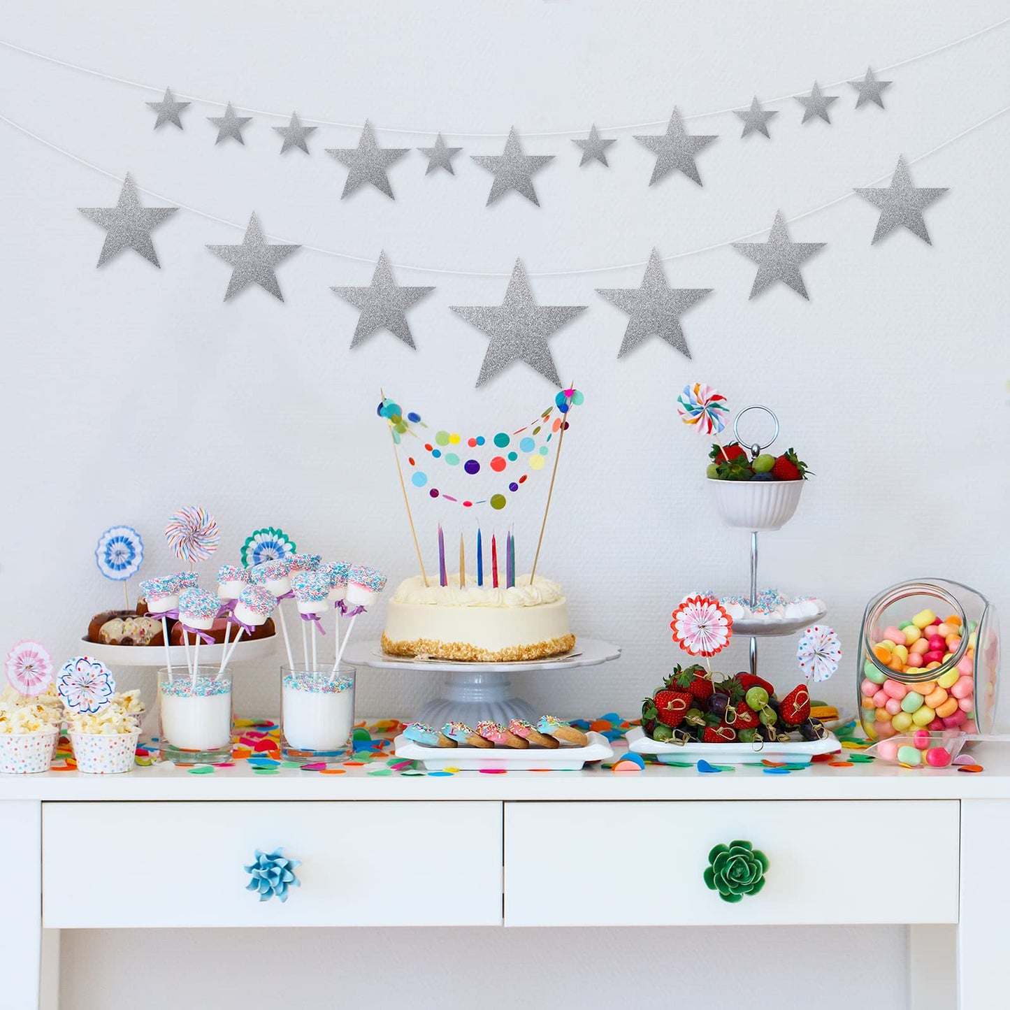 Boao 72 Pieces Silver Stars Shaped Cutouts Silver Cardboard Stars 4 Sizes 6cm/12cm/20cm/30cm Hanging Glitter Garlands with Nylon String for Wedding Birthday Party Graduation Classroom Wall Decor