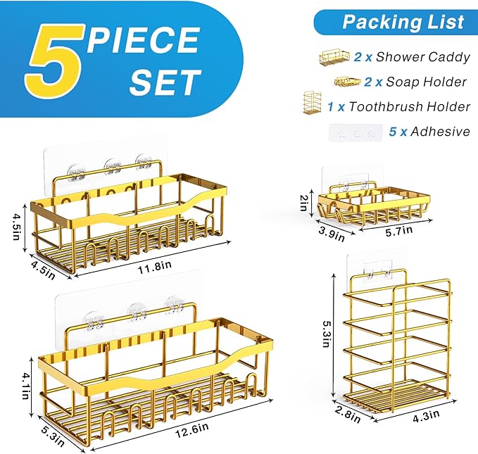 EUDELE 5-Pack Rustproof Stainless Steel Shower Caddy – No Drill Adhesive