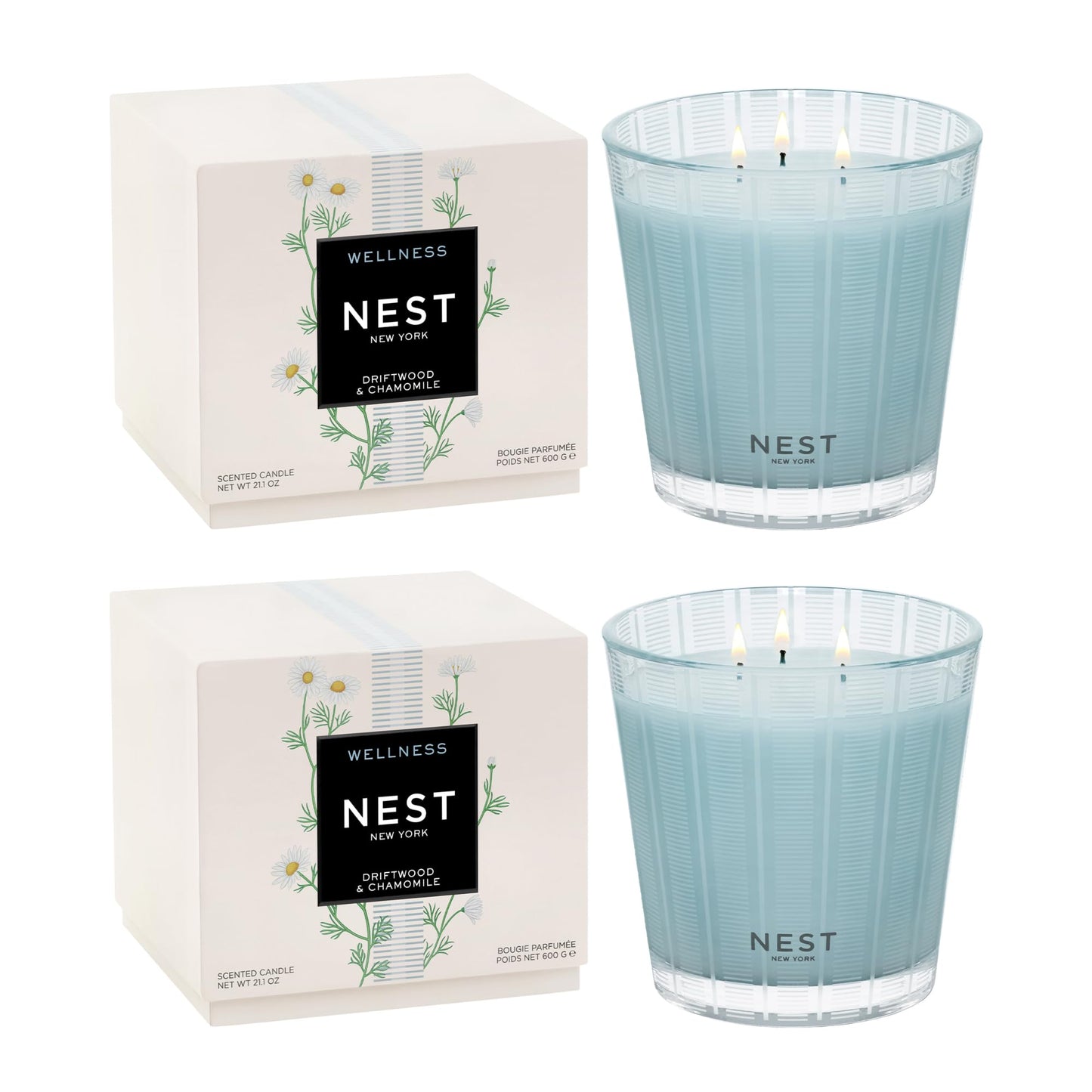 NEST New York Scented 3-Wick Candle, Driftwood & Chamomile - 21.2 oz, Pack of 2 - Up to 100-Hour Burn Time - Reusable Glass Vessel