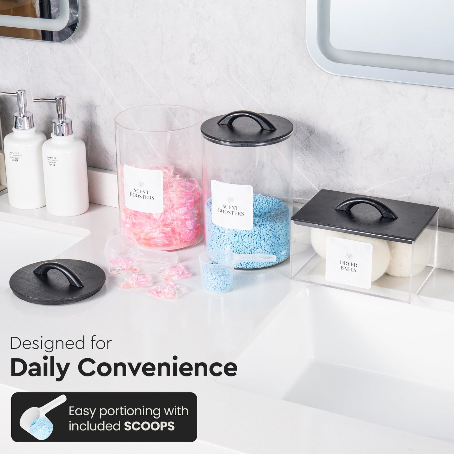Laundry Pod Storage Container Set | Two 3L Glass Jars & One Acrylic Dryer Sheet Container with Bamboo Lids – Includes 2 Scoops, 60 Waterproof Laundry Labels – Dishwasher Safe