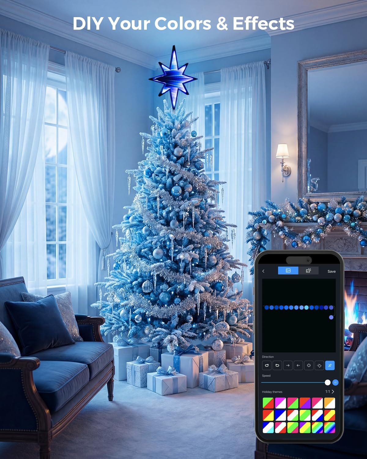 Smart Christmas Tree Topper Infinity Mirror Double-Sided, 11" RGB Star Tree Topper, Timer, App Control, USB Powered, Music Sync, Tree Topper for Indoor Party Holiday Decor