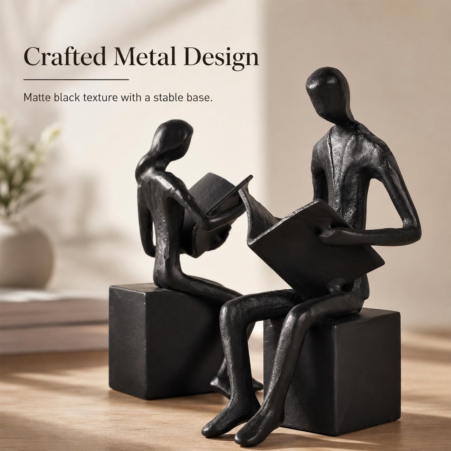 Iron Decorative Bookends for Heavy Books, Black Reading Couple Book Ends Decorative, Metal Thinker Bookends for Shelves Shelf Bookshelf Books Home Office Aesthetic or Book Lovers Gifts