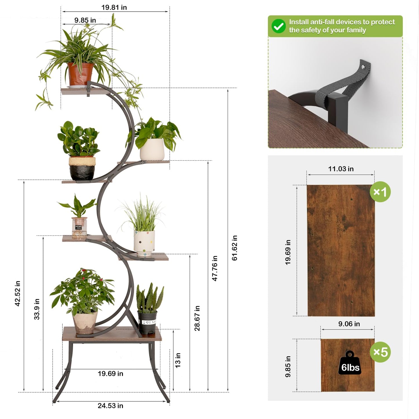 Nevsokio Indoor Plant Stand with Grow Lights 63 Inch Large Tall Planting Pots 6-Tier Metal Corner Flower Shelf Small Plant Rack Home Decor Display