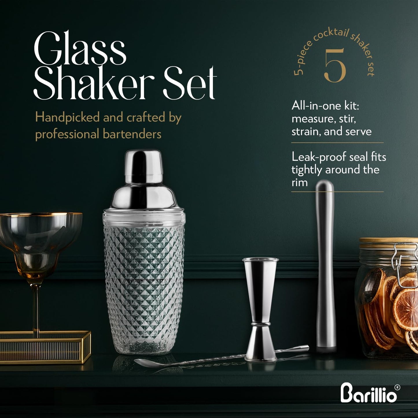 Barillio Glass Cocktail Shaker Set | 14 oz Cobbler Mixer with Bar Tools | Bartender Kit with Measuring Jigger, Mixing Spoon and Muddler | Gift Set