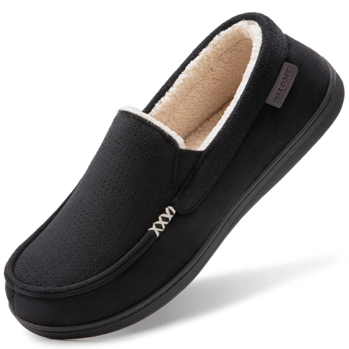 VeraCosy Men's Women's Comfy Suede Memory Foam Moccasin Slippers Warm Sherpa Lining House Shoes with Anti-Skid Rubber Sole, Black /Men, 9 UK Men/ 10 UK Women