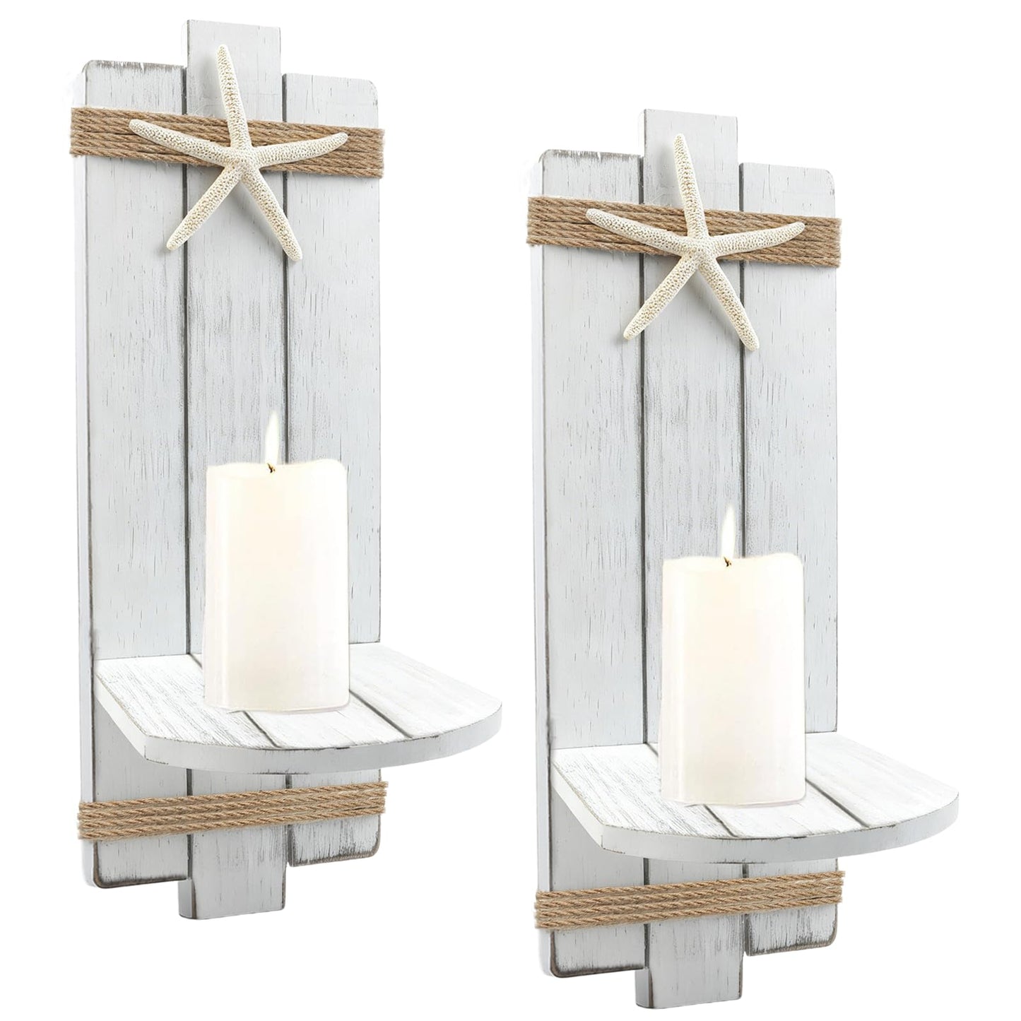 Fangoo 2Pack 15.7 Inch Natural Starfish Wooden Wall Candle Sconces Coastal Wall Decor Ocean Wall Candle Holder Beach Bathroom Decor Farmhouse Hanging Art Bedroom Gifts (White)