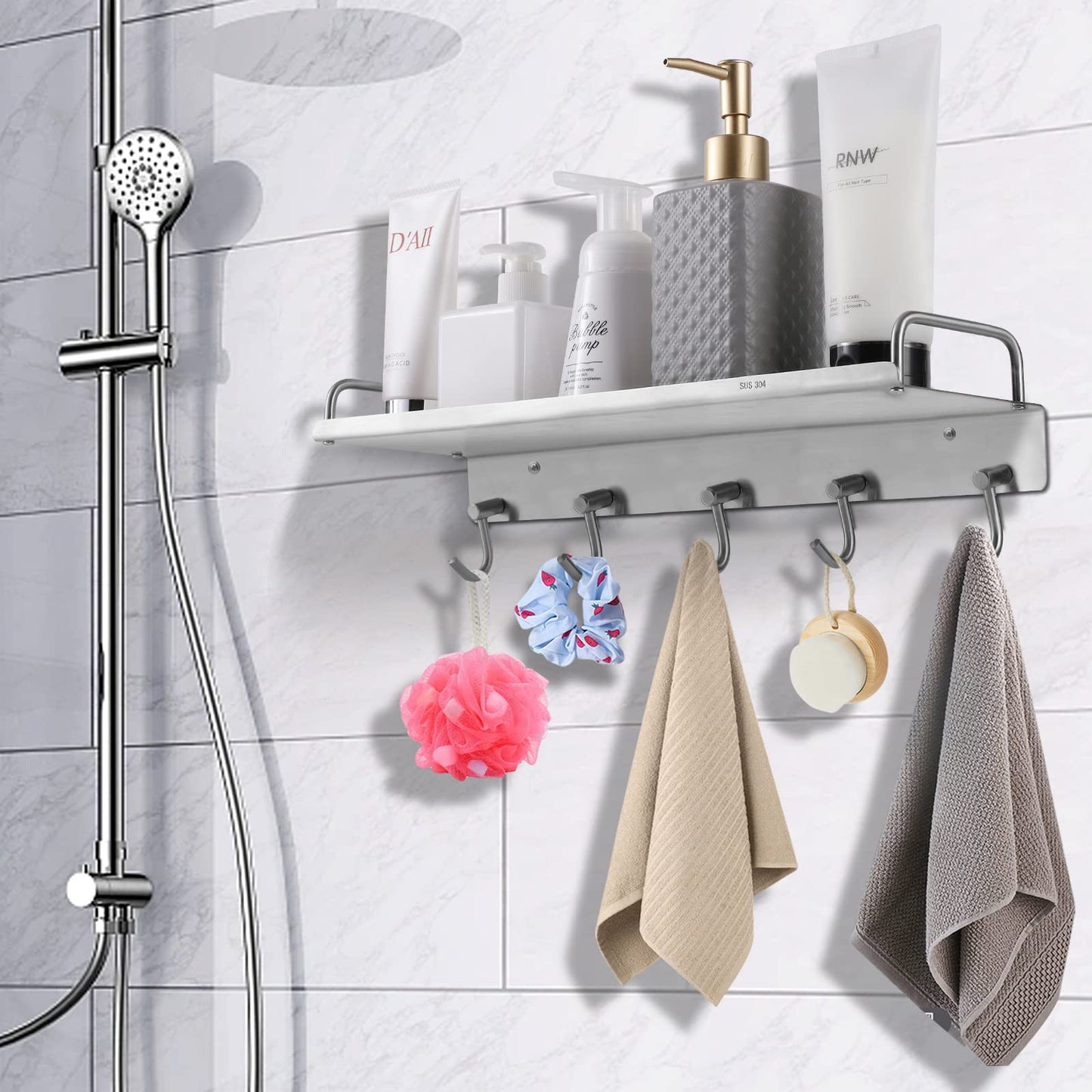 Spice Holder Rack, Coffee Mugs Storager Rack for Glass Jars Bottles, 304 Stainless Steel Shelf, Heavy Duty Kitchen Organizer Wall Mounted, Pots Pans Hanger Holder, 16 Inch With 5 Hooks (Silver)