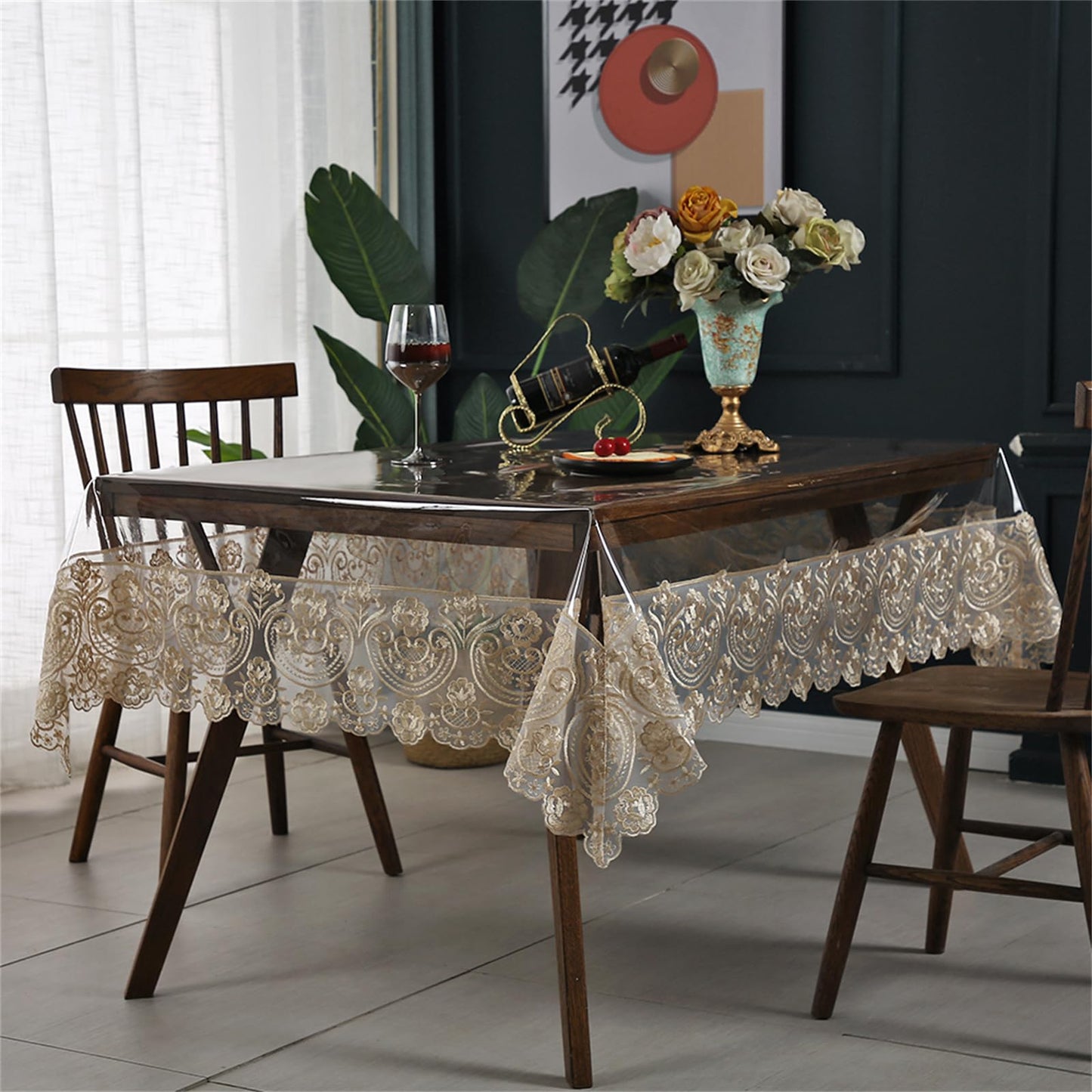 Clear Plastic Rectangle Tablecloth Vinyl Waterproof Table Cloth Embroidered Lace Edge Transparent Table Cover for Dining Kitchen Outdoor(60 x 86 inch, Coffee Style 1)