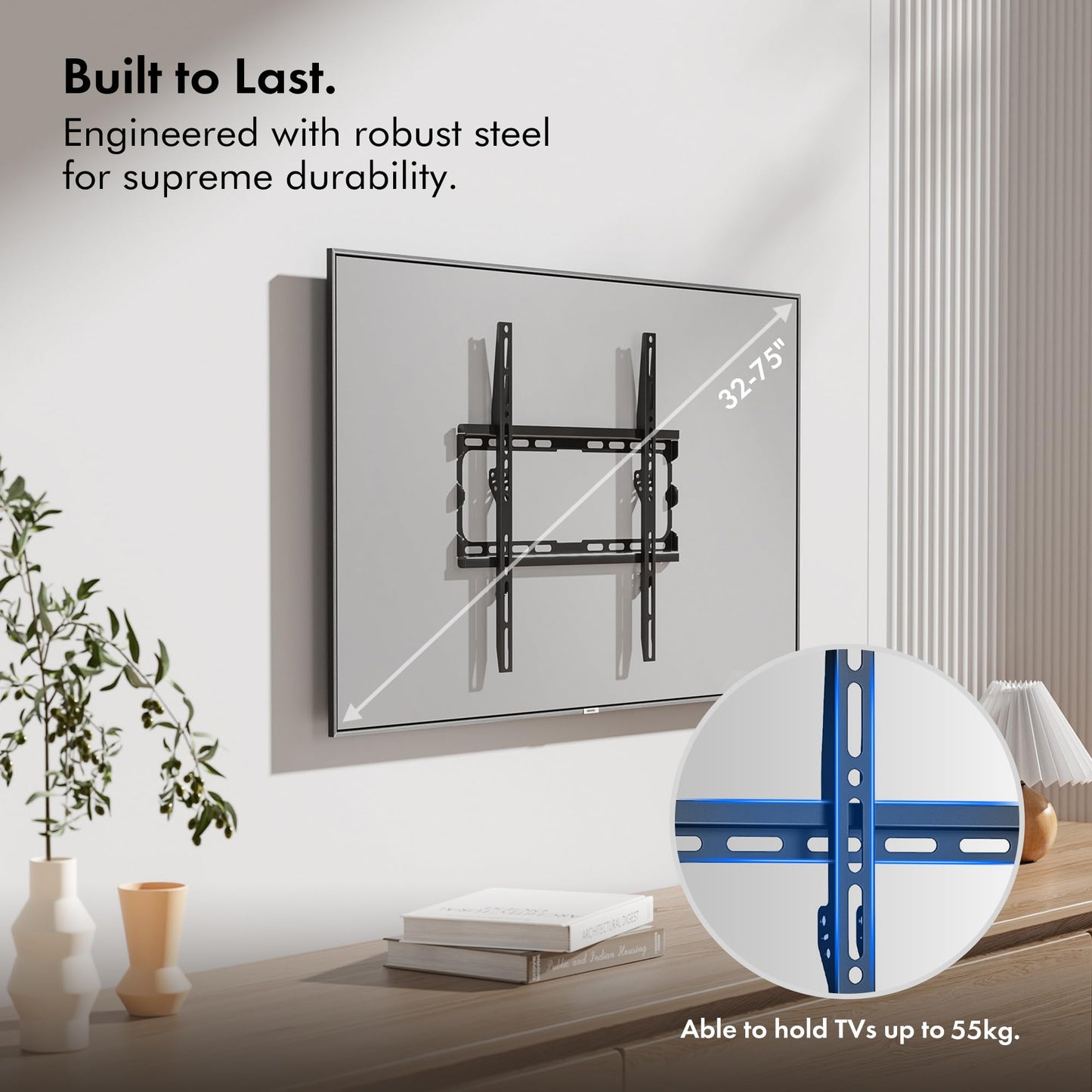 VonHaus TV Wall Bracket for 32-75" Screens, Ultra-Slim TV Bracket with Spirit Level, Flat to Wall Mount, 55kg Capacity, Max VESA: 400x400mm