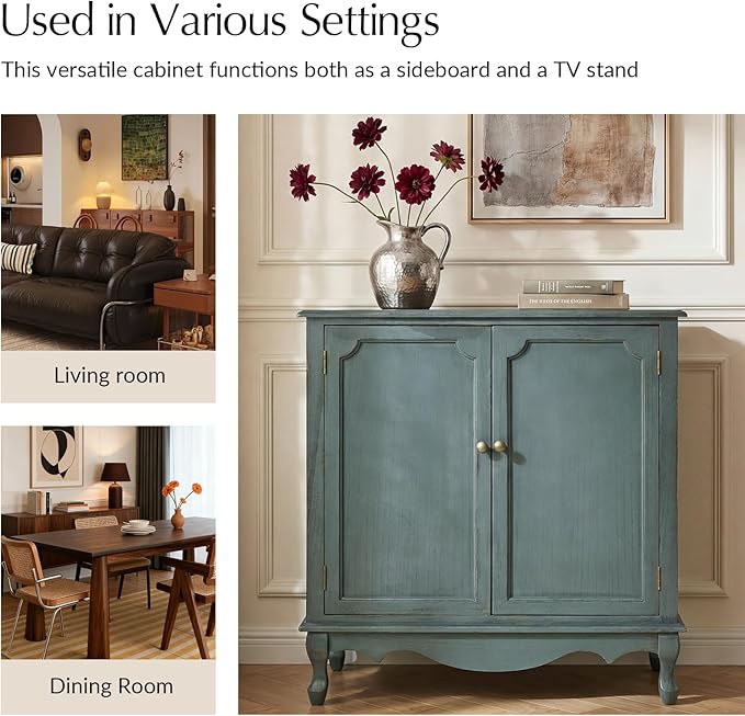 Solid Wood Sideboard with Adjustable Feet, 2 Shelves Storage Accent Cabinet