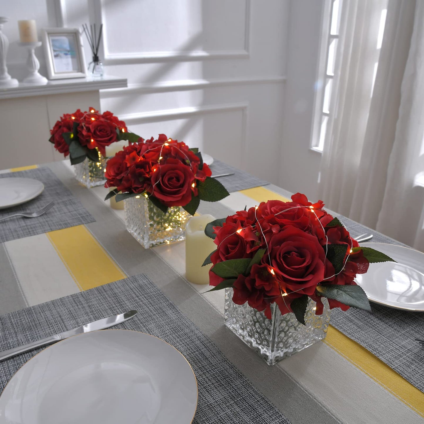 Fule Artificial Silk Rose Flower Centerpiece Arrangement in Glass Vase with LED Light for Home Wedding Decoration (Red)