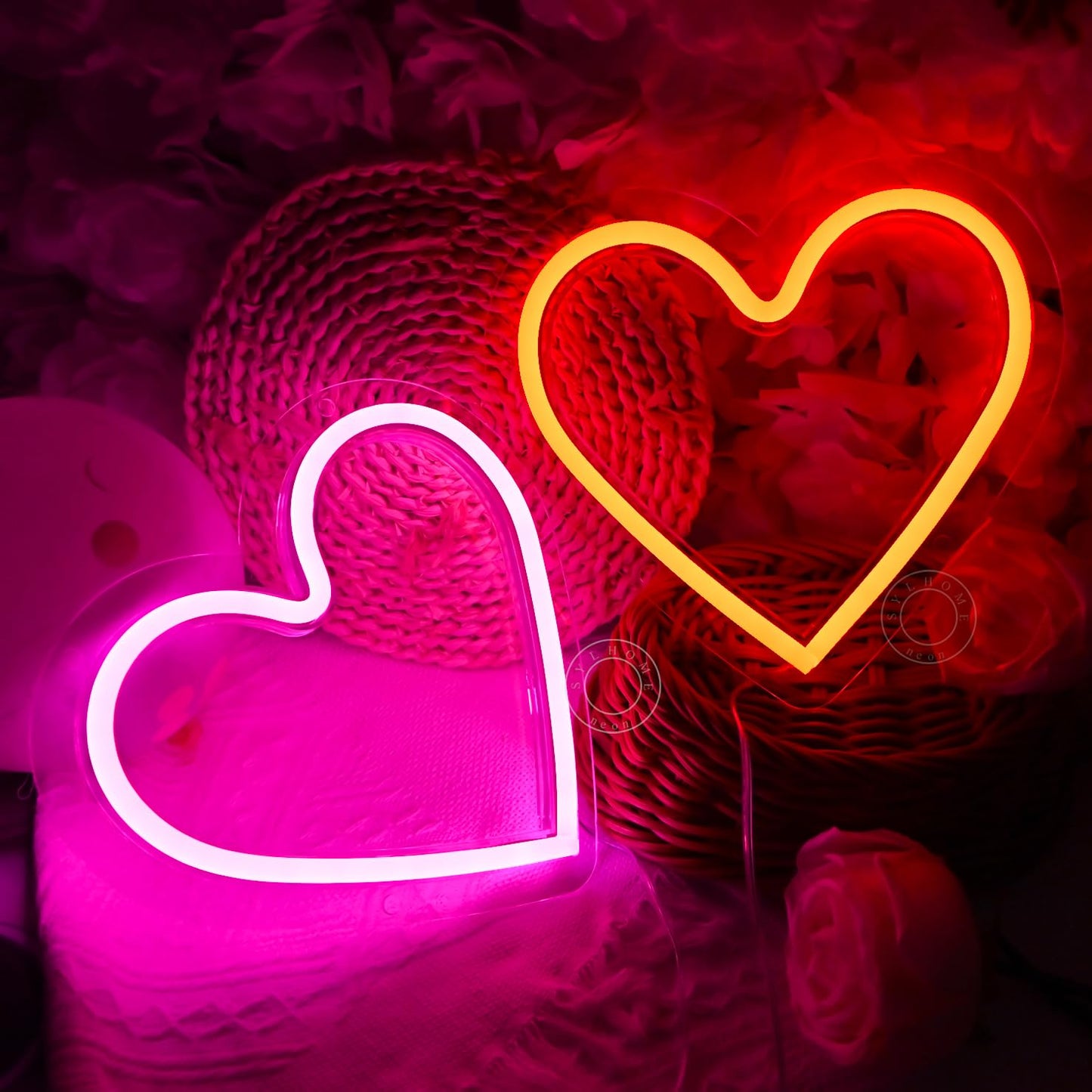 SYLHOME 2 Pack Heart Led Neon Light Sign Battery Operated or USB Powered Bedroom Wedding Wall Sign Decor Valentines Day Christmas Birthday Gifts USB 7.87" X 7.28" Pink & Red