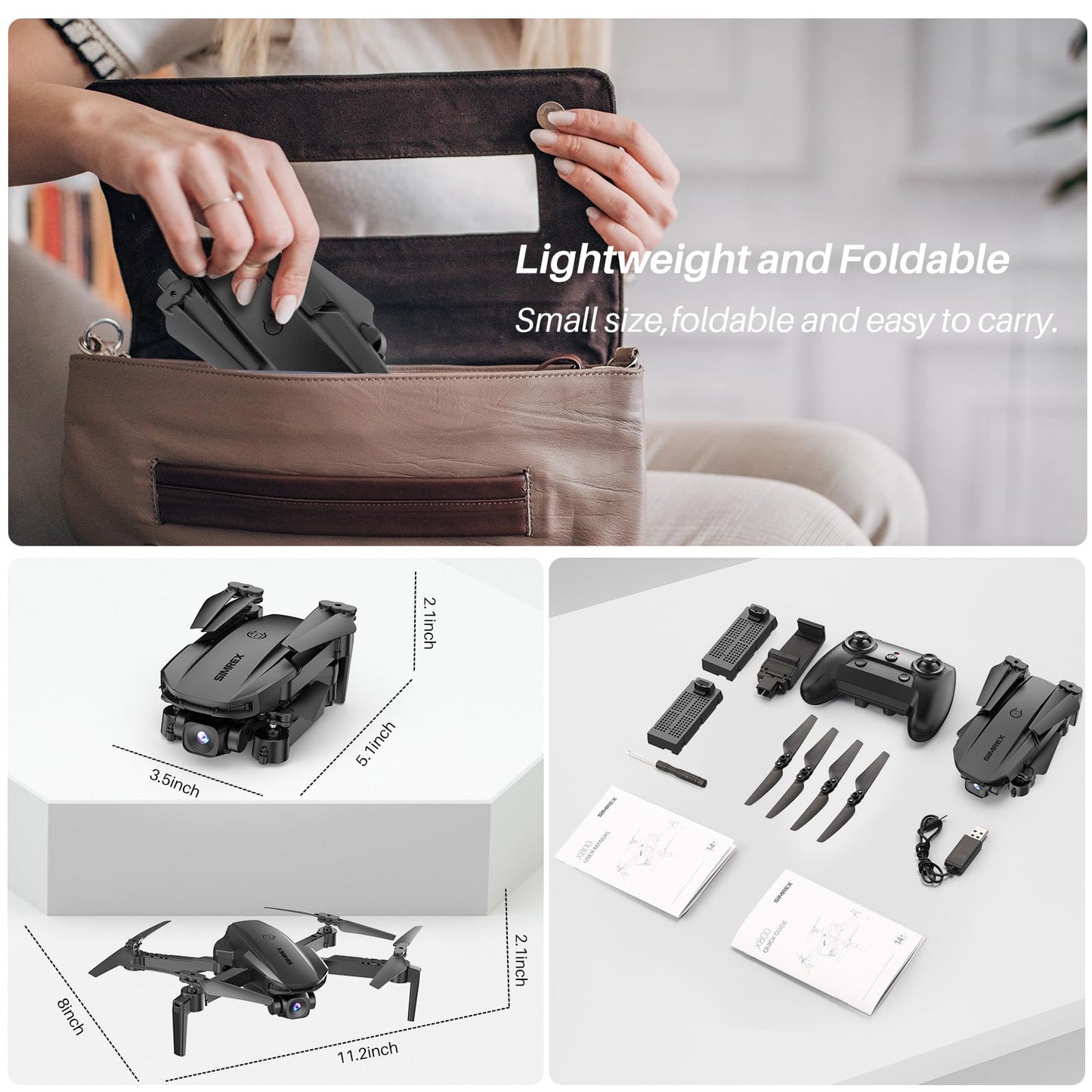SIMREX Drone With 1080P Camera for Kids Adults, Mini RC Quadcopter Foldable, One Key Start, Waypoint Fly, Headless Mode, Auto-Follow, 3D Flip, 3 Speeds, 2 Batteries, Easy for Beginners, Black