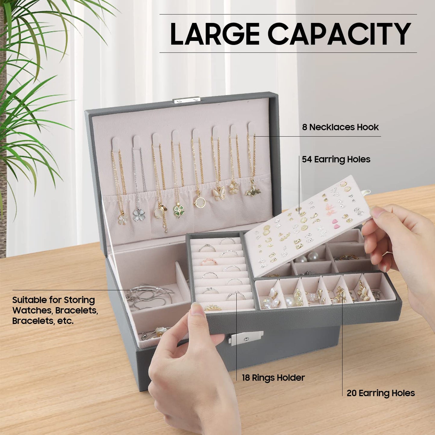 TEIVUL Jewellery Box,2 Layer Jewelry Organizer with 2 Keys and Cleaning Cloth PU Leather Jewellery Box Organizer,for Necklace Earrings Bracelet Ring Accessories,Jewellery Boxes for Women Girls