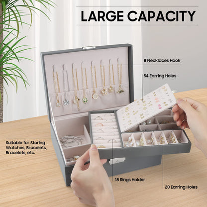TEIVUL Jewellery Box,2 Layer Jewelry Organizer with 2 Keys and Cleaning Cloth PU Leather Jewellery Box Organizer,for Necklace Earrings Bracelet Ring Accessories,Jewellery Boxes for Women Girls