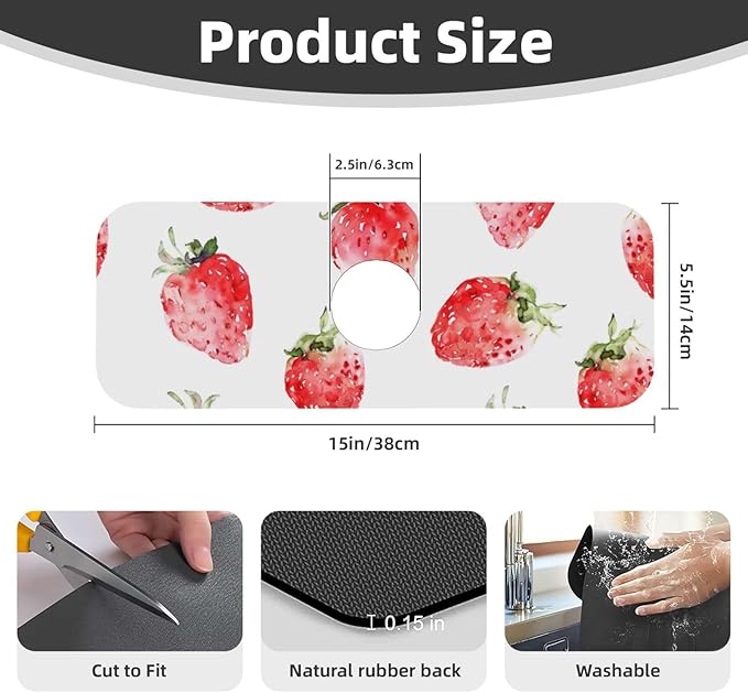 Faucet Draining Mat For Kitchen Sink, Watercolor Strawberries Diatom Mud