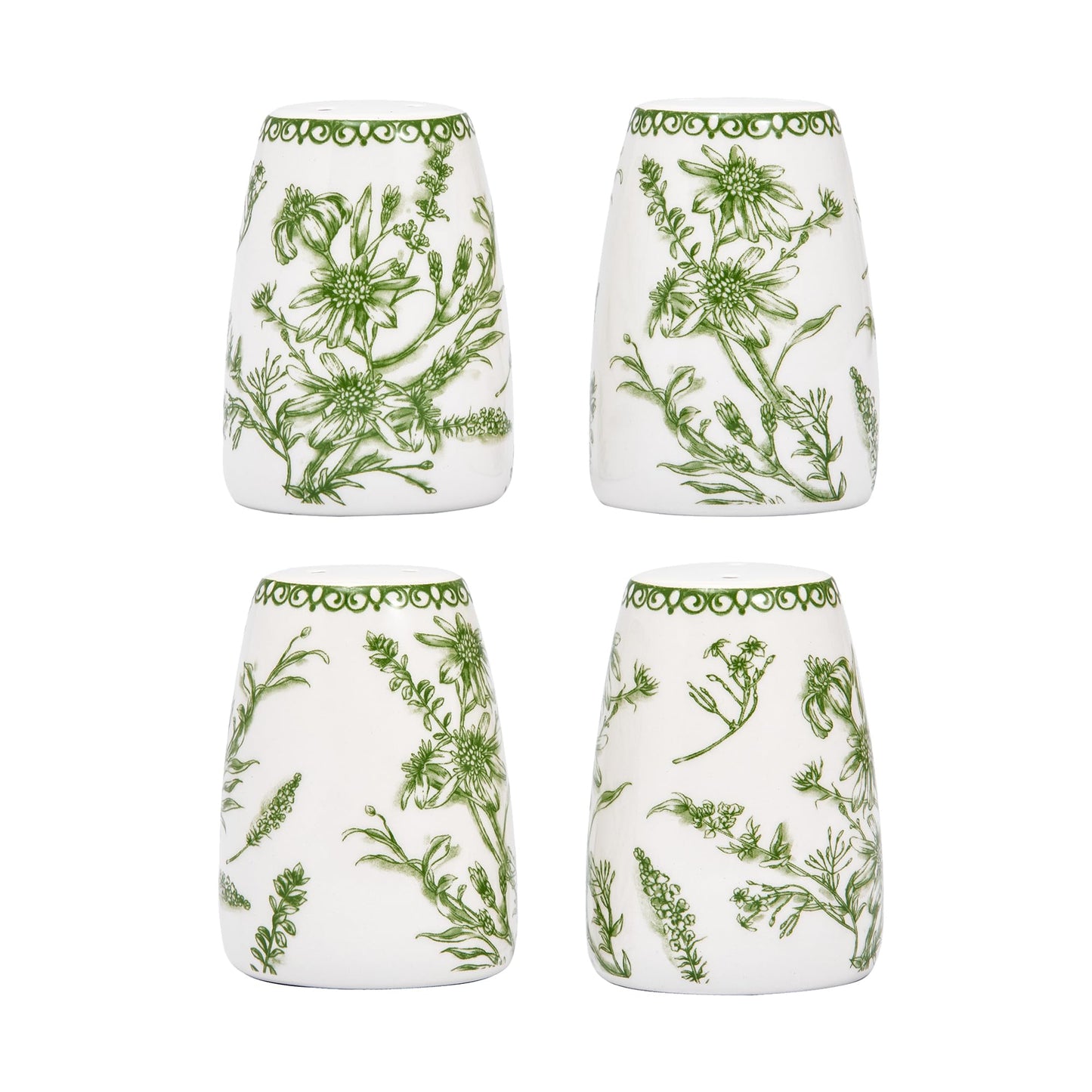 Bico Green Garden Toile De Jouy Ceramic Salt & Pepper Shaker Set, for Kitchen or Decor, Dishwasher Safe
