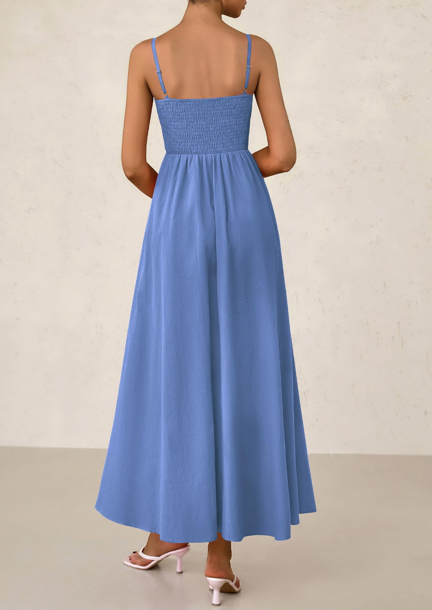 PRETTYGARDEN Women's Smocked Maxi Dresses 2025 Summer Beach Sundress Casual Spaghetti Strap Swing A Line Long Flowy Dress (Blue,Small)