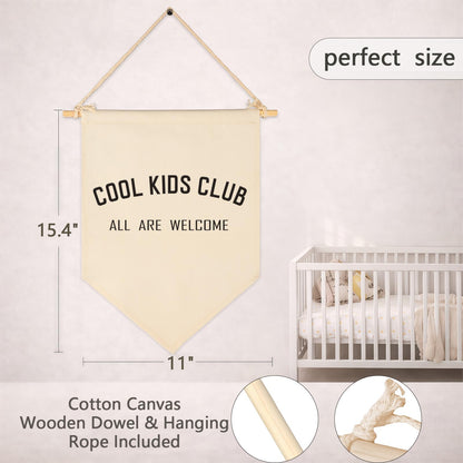 Cool Kids Club All Are Welcome-Canvas Banner Flag Sign Pennant Poster Wall Decor Gift for Kids Baby Boy Girl,Nursery Baby Room Playroom Bedroom Reading Room Door-Birthday Christmas Gift