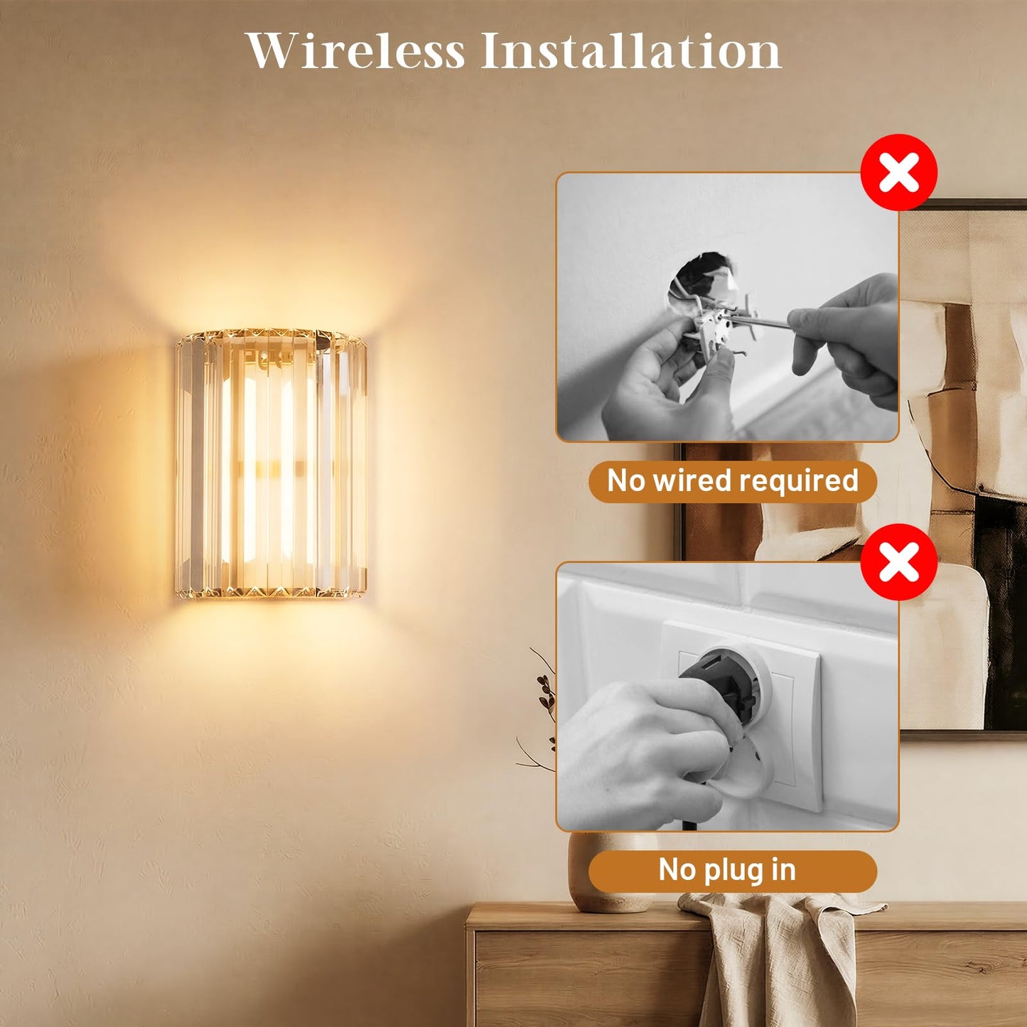 Keep Shinning Gold Battery Operated Wall Sconces Set of Two, Crystal Wireless Wall Lights with Remote, Rechargeable Cordless Wall Lamps 12 RGB and 3 CCT Dimmable Decor for Bedroom Living Room Hallway