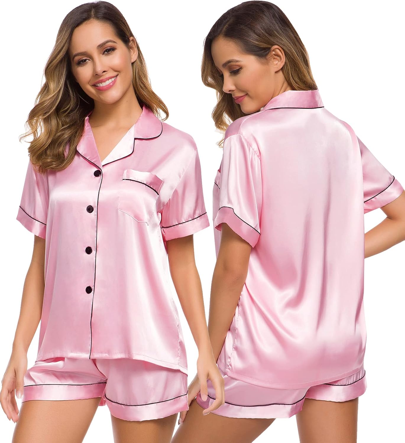 SWOMOG Womens Silk Satin Pajamas Set Short Sleeve Sleepwear Button Down Top and Shorts Loungewear 2 Piece Pjs Set XS-3XL