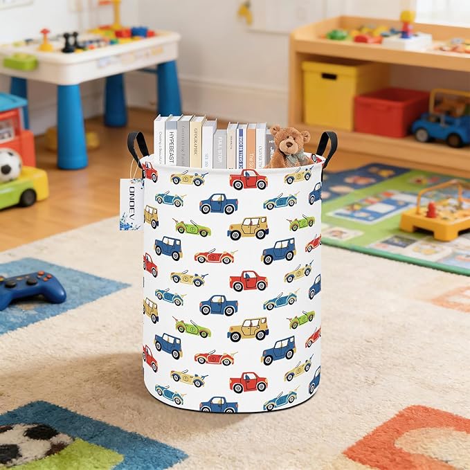 Round Foldable Kids' Racing Cars Laundry Hamper Boys Gift Basket Vehicles