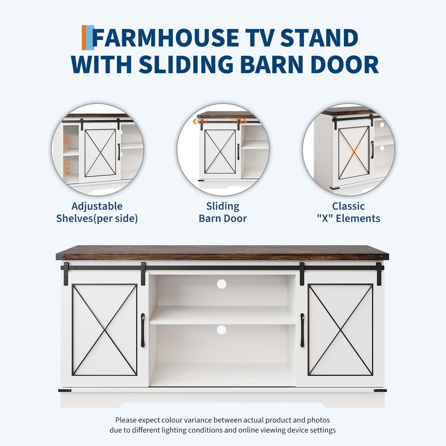 IDEALHOUSE Farmhouse TV Stand and Entertainment Center for Tv up to 65 inches with Sliding Barn Doors, Tv Media Console Table with Storage Cabinet for Living Room, White & Brown