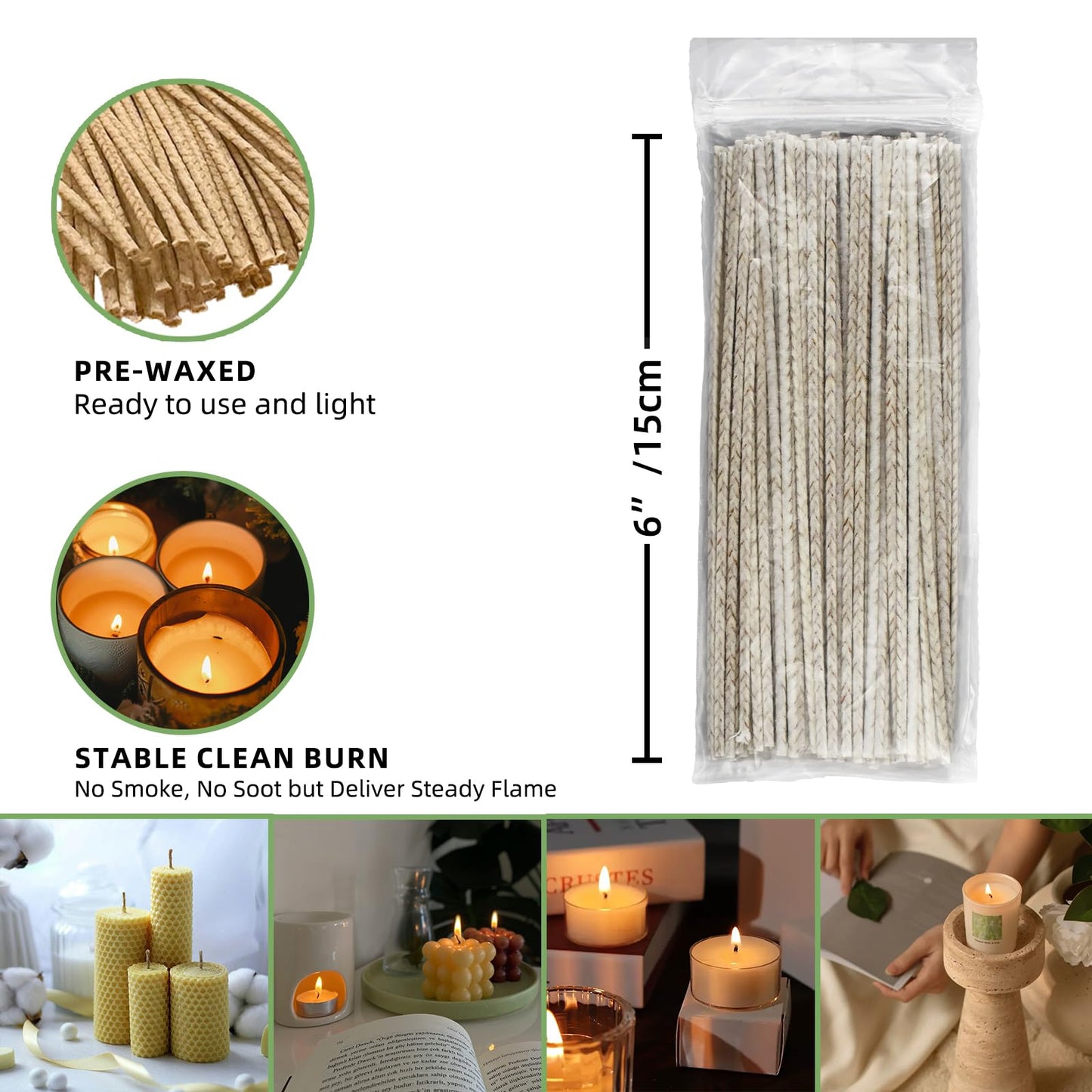 Pansyling 50pcs 6" Natural Candle Wicks for Candle Making, Pre-Waxed Cotton Wicks DIY Candle Making Kits, Smoke-Free, Long-Burning, Cut to Fit Any Candle Containers