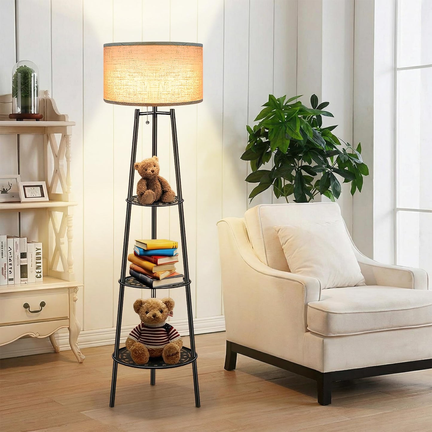 ZQQLITE Floor Lamp with Shelves for Living Room， Standing Lamp，Tall Lamp， Amparas Elegantes para Sala with Linen Shade，Modern Floor Lamp for Living Room，Bedroom or Office（Black ）