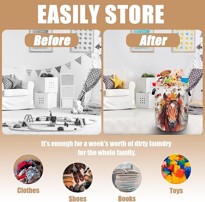 Watercolor Horse Laundry Basket, Foldable Waterproof Animals Floral Laundry